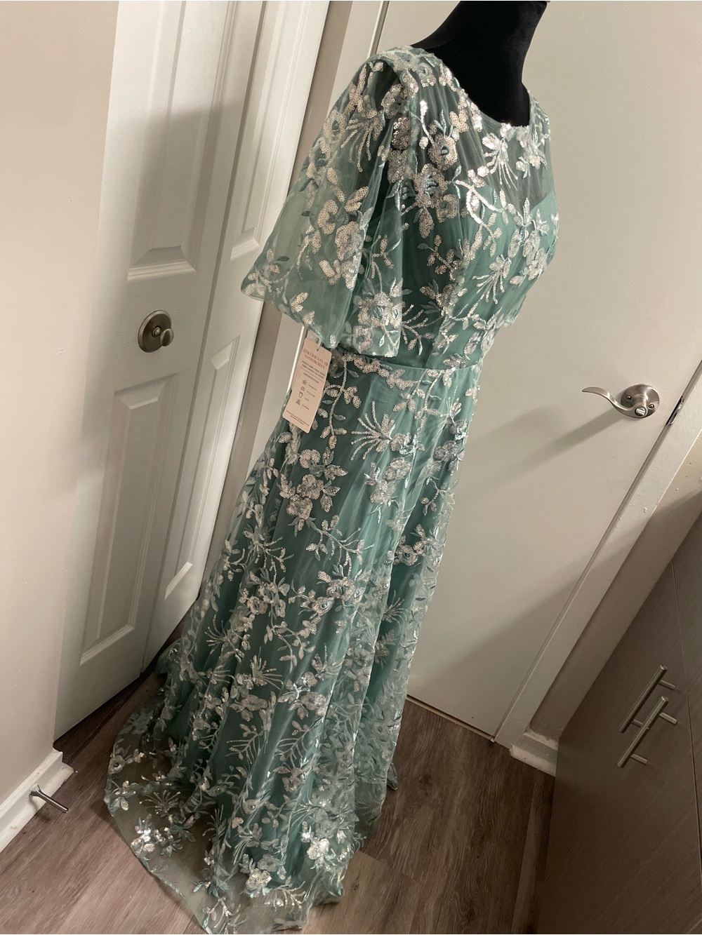 Embroidered Sage Green Evening Gown with Floral Appliqué